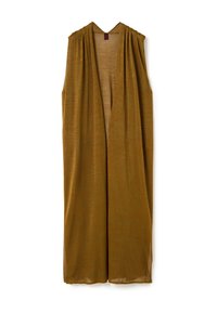 Sukienka bez r�ękawów, do kolan, w kolorze musztardowym, wykonana z lekkiego materiału z marszczonym wykończeniem i detalami na ramionach.