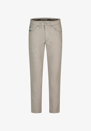 Light gray trousers made of smooth fabric, featuring a classic five-pocket design, button fly, and subtle stitching details.