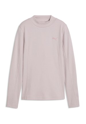 Chemise à manches longues rose clair côtelée avec un col montant et un petit logo Puma brodé sur la poitrine gauche.