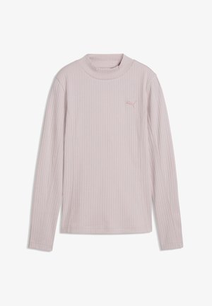 Różowa, jasnoróżowa, prążkowana koszulka z długim rękawem, wysokim kołnierzem i małym haftowanym logo Puma na lewej piersi.
