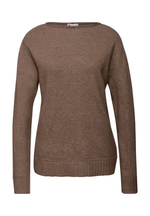 Suéter marrón de punto con un escote amplio, mangas largas y puños y dobladillo acanalados. Textura suave con un acabado liso.