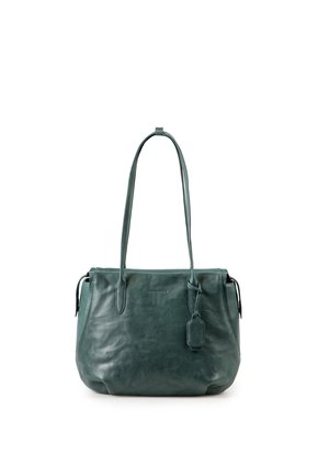 Borsa a mano in pelle verde scuro con due manici lunghi e una piccola targhetta attaccata, mostrata su sfondo bianco.