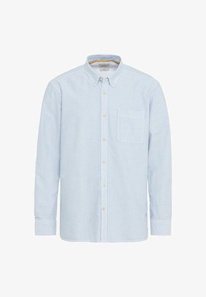 Striped button-up shirt in light blue and white, featuring long sleeves, a chest pocket, and a classic collar. Soft fabric with a structured fit.