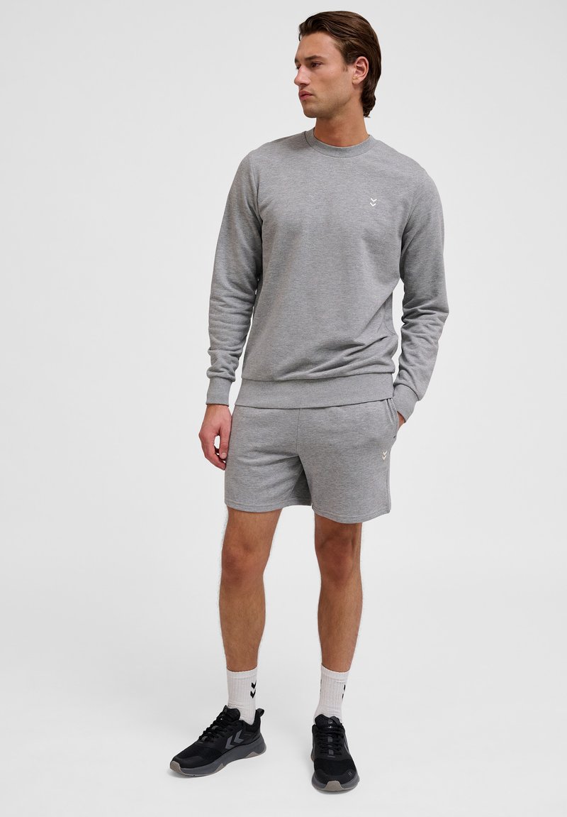 Hallikas sweatshirt, millel on ringikujuline kaelus ja soonikkoes varrukad, kombineeritud sobivate hallide lühkaritega. Kandmisel mustad spordijalanõud ja valged sokid.