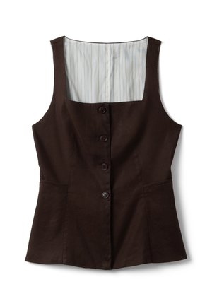 Veste sans manches marron foncé boutonnée avec un col carré et une doublure intérieure à rayures claires.