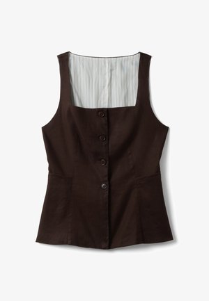 Ärmellose dunkelbraune Weste mit Knöpfen, quadratischem Ausschnitt und hellem, gestreiftem Innenfutter.