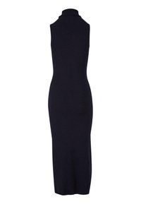 Robe midi sans manches noire avec un col montant. Fabriquée dans un tissu lisse et extensible qui épouse les formes du corps, présentant une silhouette ajustée.