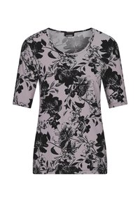 T-shirt met bloemenprint in een zwart en licht paars kleurenschema, korte mouwen, ronde halslijn en zachte, gestructureerde stof.