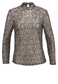 Haut en dentelle transparente à manches longues avec col montant et motif floral abstrait complexe en noir et beige.