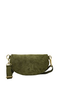 Sac à épaule en daim vert olive de forme arrondie, avec des accessoires dorés et une sangle amovible pour des options de port polyvalentes.