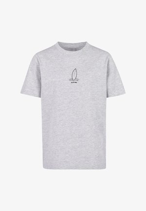 Graues Baumwoll-T-Shirt mit rundem Ausschnitt und kurzen Ärmeln, bedruckt mit einem schwarzen Surfbrett-Graphic und dem Text "surf vibes" darunter.