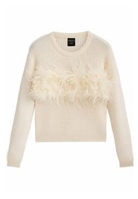 Pull crème en tricot à manches longues avec une bande horizontale de plumes douces et duveteuses traversant la poitrine.