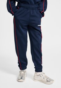 Marinblå träningbyxor med röda sidostycken, elastisk midja och uppvikta anklar. Matchas med silvriga träningsskor.