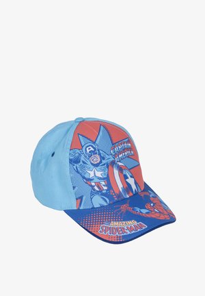 Cappello blu e rosso caratterizzato da grafiche in stile fumetto di Capitan America e Spider-Man. Realizzato in tessuto con una visiera solida e dettagli grafici.