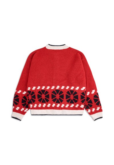 Roter strukturierter Pullover mit kontrastierendem schwarzen geometrischen Muster und weißen Akzenten, ausgestattet mit Rundhalsausschnitt sowie elastischen Bündchen und Saum.