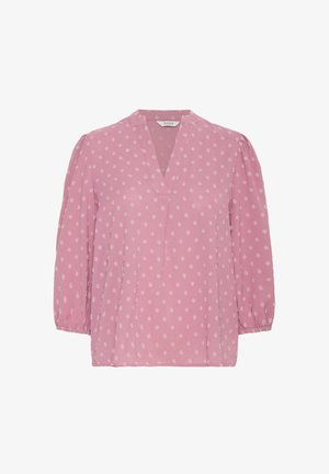 Roze blouse met een V-hals, lange pofmouwen en een gestructureerd stippenpatroon. Gemaakt van lichte stoffen en beschikt over een losse pasvorm.