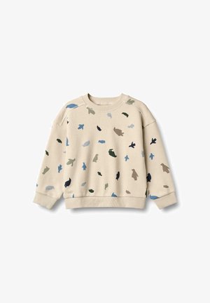 Béžová detská mikina s okrúhlym výstrihom a viacfarebnými abstraktnými potlačami vtáčích tvarov v modrých, zelených, čiernych a hnedých odtieňoch.