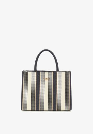 Prugasta torba u krem i mornarskoj boji, sa strukturiranim dizajnom, dvostrukim drškama i zlatnim logotipom. Teksturirana tkanina s platnenim završetkom.