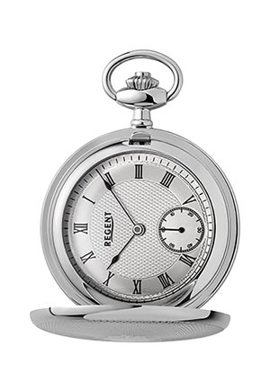 Zilveren zakhorloge met een gestructureerde wijzerplaat, Romeinse cijfers en een kleine subdial. Kenmerkend is de gepolijste afwerking en een lus aan de bovenkant voor bevestiging.