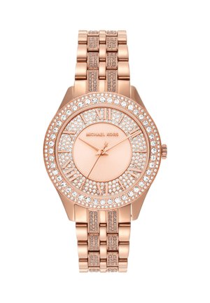 Michael Kors Armbanduhr in Roségold mit Kristallakzenten auf der Lünette, Zifferblatt mit römischen Ziffern und Gliederarmband.