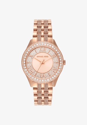 Michael Kors Armbanduhr in Roségold mit Kristallakzenten auf der Lünette, Zifferblatt mit römischen Ziffern und Gliederarmband.