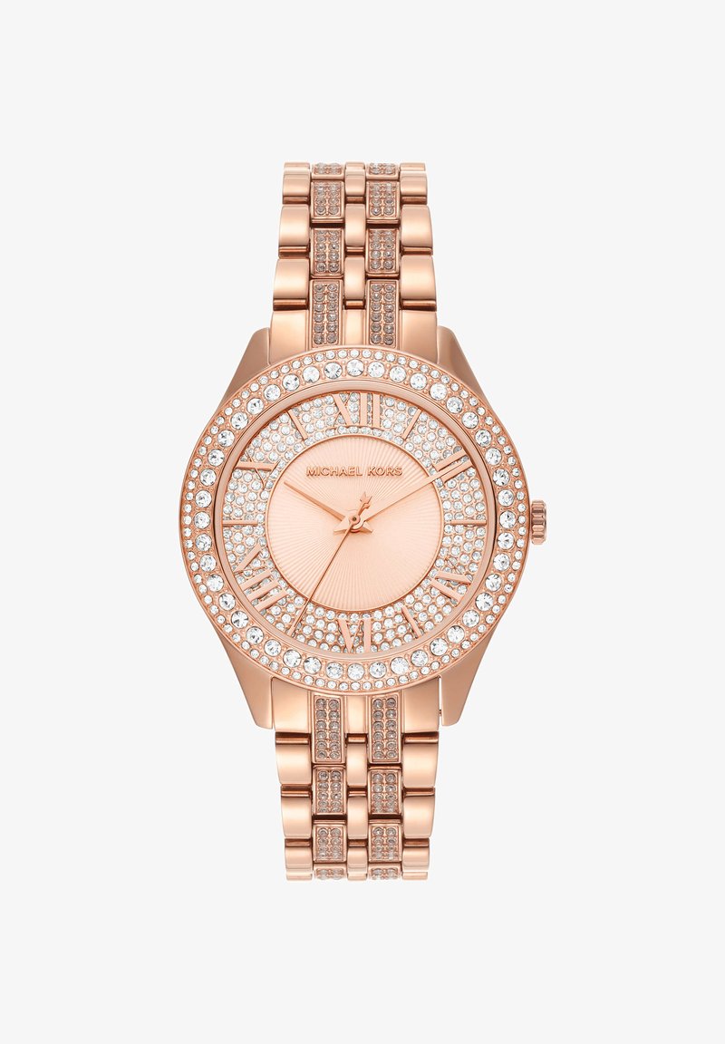 Michael Kors armbåndsur i roségull med krystallaksenter på bezelen, skive med romertall og leddet lenke.