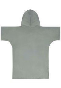 Kurzarm-Hoodie in Hellgrau, aus glattem Stoff gefertigt. Verfügt über eine Kapuze und einen breiten, rechteckigen Schnitt mit rohen Kanten.