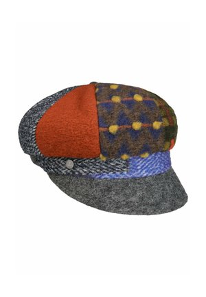 Patchwork wool newsboy cap with multicolor patterns including gray, orange, blue, and brown, featuring a short curved brim.