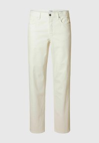 Jeans beige chiaro in denim con design a gamba dritta. Caratterizzati da cinque tasche, un bottone frontale e zip, e una texture liscia.