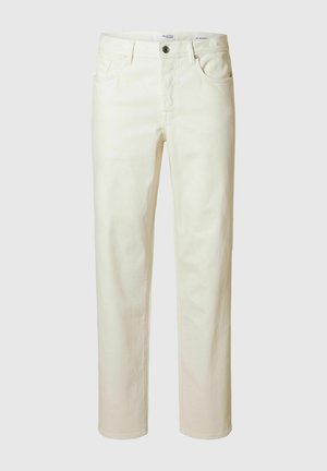 Jeans beige clair en denim avec une coupe droite. Comprend cinq poches, un bouton et une fermeture éclair à l'avant, ainsi qu'une texture lisse.