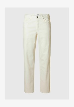 Világos bézs farmernadrág, egyenes szárú kivitelben. Öt zsebbel, elől gombbal és cipzárral rendelkezik, sima tapintású.