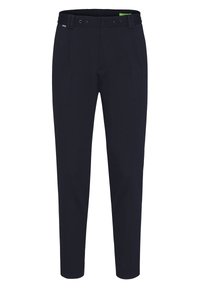 Pantalon bleu marine en tissu extensible, avec une coupe ajustée, deux plis à l'avant et une ceinture élastique avec cordons de serrage.