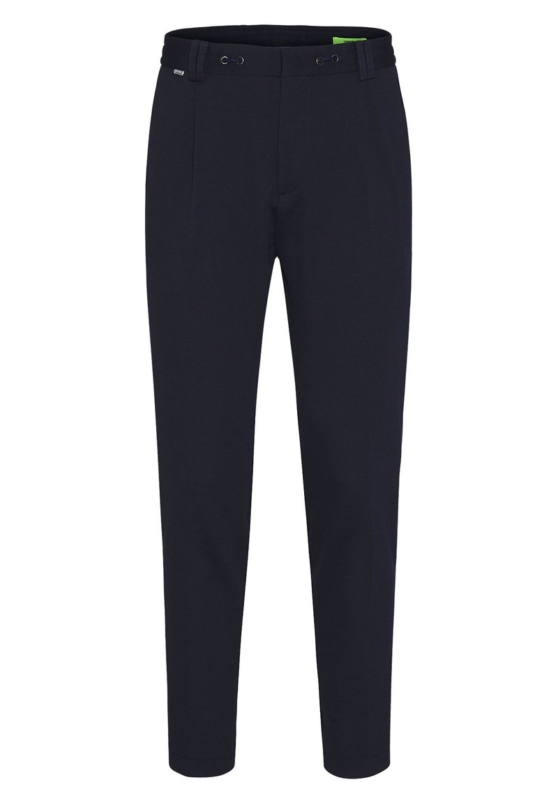 Pantalon bleu marine en tissu extensible, avec une coupe ajustée, deux plis à l'avant et une ceinture élastique avec cordons de serrage.
