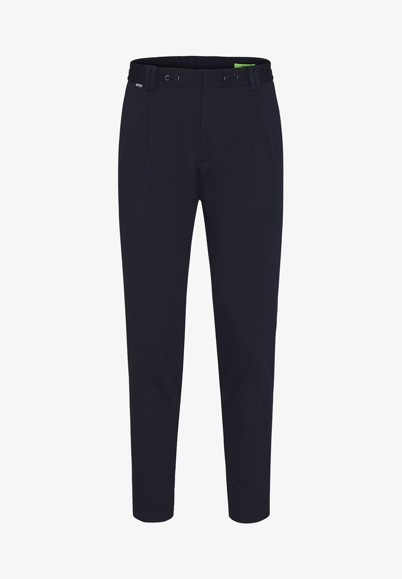 Pantalon bleu marine en tissu extensible, avec une coupe ajustée, deux plis à l'avant et une ceinture élastique avec cordons de serrage.