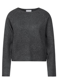 Dunkelgrauer gestrickter Pullover mit langen Ärmeln, rundem Halsausschnitt und lockerer Passform. Weiche Textur, minimale Nähte und keine sichtbaren Muster.