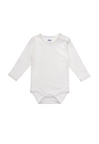 Long-sleeve white bodysuit made of soft fabric, featuring snap closures at the shoulder and bottom for easy dressing and changing.