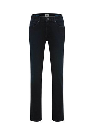 Zwarte rechte jeans met riemlussen, knoop en rits aan de voorkant, en een klassieke vijf-pocket ontwerp.