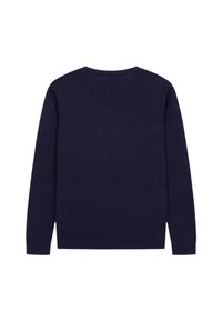 Suéter de punto azul marino con cuello redondo y mangas largas, con puños y dobladillo de canalé. Textura suave, diseño casual.