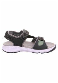 Gray and black sandal with adjustable straps, textured accents, and a white outsole. Lightweight design suitable for outdoor activities.