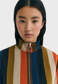 Giovane donna dai lunghi capelli scuri che indossa una giacca con colletto alto a righe verticali nei colori blu, arancione, marrone, beige e verde, chiusa con la zip.