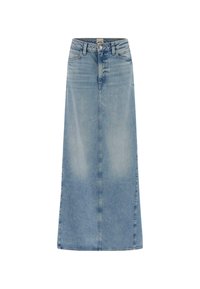 Gonna maxi in denim azzurro chiaro con taglio dritto, chiusura con bottoni frontali e sbiaditura leggera. Presenta un classico design a cinque tasche.