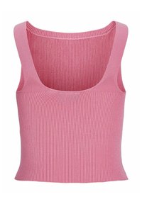 Rožinė ribota liemenė su plačiomis petnešomis, apvaliu iškirpimu ir prigludusia forma. Audinys turi tekstūruotą, elastingą išvaizdą.