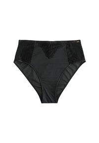 Zwarte high-waisted onderbroeken met een gladde satijnen voorkant en kanten zijpanelen, met een subtiele glans en zonder zichtbare hardwareaccenten.