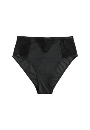 Zwarte high-waisted onderbroeken met een gladde satijnen voorkant en kanten zijpanelen, met een subtiele glans en zonder zichtbare hardwareaccenten.