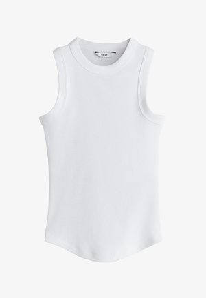 Valge soonikkoes varrukateta särk kõrge ümmarguse kaeluse ja ümardatud servaga, krae sees brändi "NEXT" sildiga.