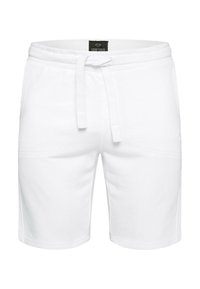 Pantalones cortos de algodón blancos con una cintura ajustable, bolsillos laterales y un corte relajado. Presentan un sutil bordado y un acento con el logo.