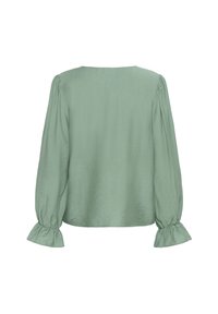 Blusa verde chiaro con scollatura rotonda, maniche lunghe a palloncino e polsini arricciati. Tessuto liscio con un design semplice.