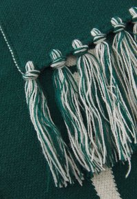Cobertor verde tricotado com detalhes de franja branca. Apresenta um padrão de malha texturizado e franjas trançadas. Os realces incluem um design em cores contrastantes.