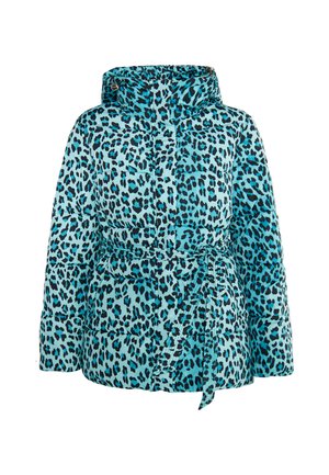 Giacca imbottita in turchese con stampa leopardata nera, dotata di cappuccio, cintura da annodare in vita e due tasche anteriori.
