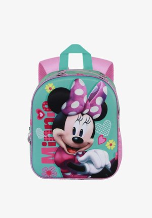 Mochila infantil en color azul verdoso y rosa con un gran estampado de Minnie Mouse. Presenta lunares, detalles florales y cierre con cremallera.